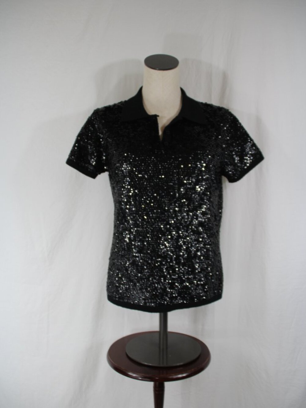 Lauren Ralph Lauren Black Sequin Merino Wool Knit Polo Sweater Holiday Top Sz. M